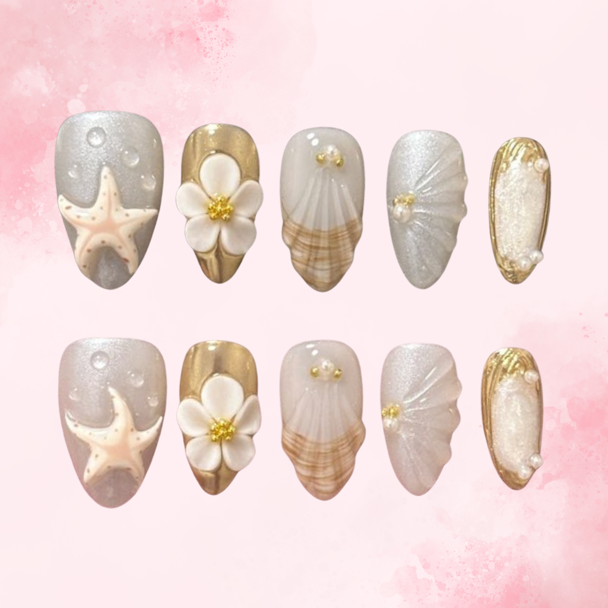 Starshore Bloom | Handmade Nails,Ellie Vincy Press on Nails,Short Almond,Cute, Floral, French tip,Handmade White, Floral, Orange, Gold press on nails,10 pcs, False nails,Reusable,Glue on nails,Sticky on nails,Pop on nails