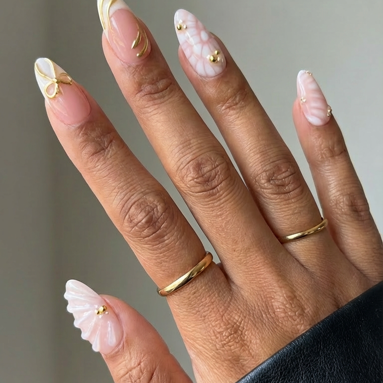 Ellie Vincy Press on Nails Golden White Short Almond Luxury Glue on Press on Nails Almond, Square Green Floral, French tip, Animal print, Geometric, EV025, Metallic