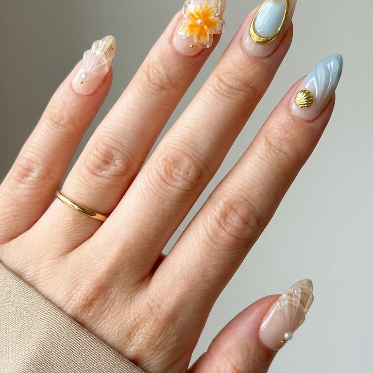 ellie vincy press on nails Coastal Shell Almond Luxury Short Glue on Press on Nails Almond, Square Floral, Pink, Beige, Geometric Floral, French tip, Abstract, Geometric, Metallic