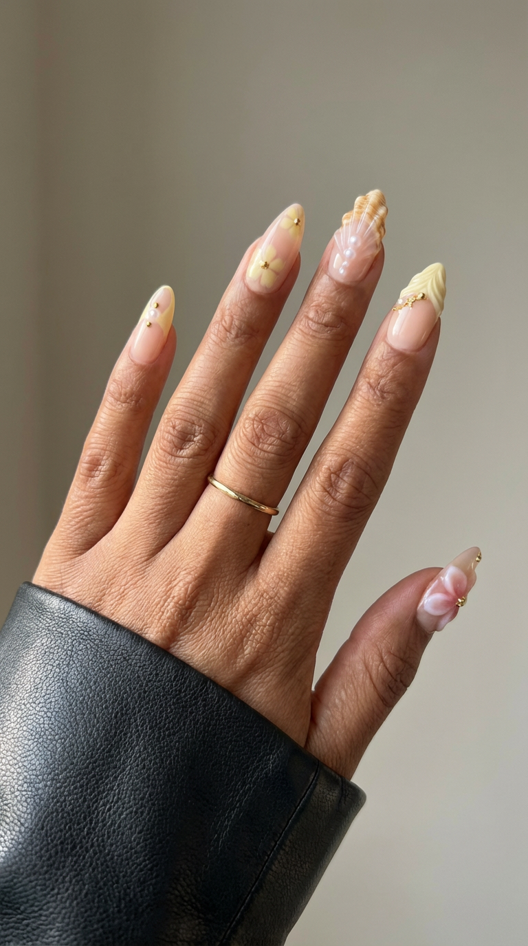 ellie vincy press on nails Nude Shell Short Almond Luxury Glue on Press on Nails Almond, Square Green Floral, French tip, Animal print, Geometric, EV025, Metallic