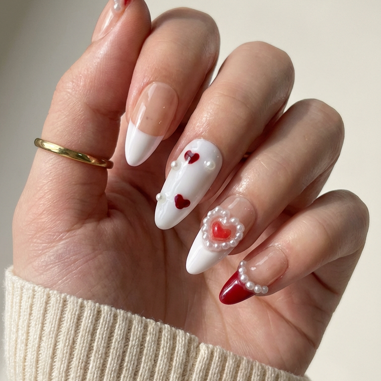 ellie vincy press on nails 3D Heart & Bow | Handmade Nails Almond Red French tip