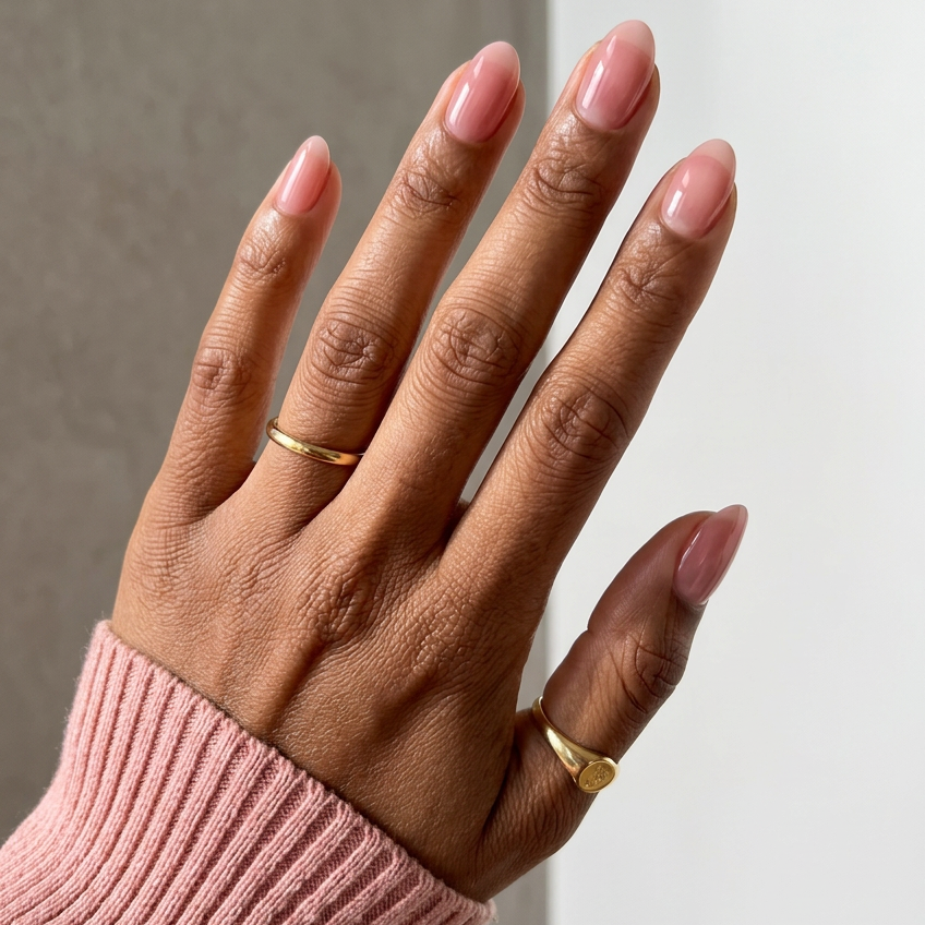 Hand with pink nail polish wearing two gold rings against a neutral background