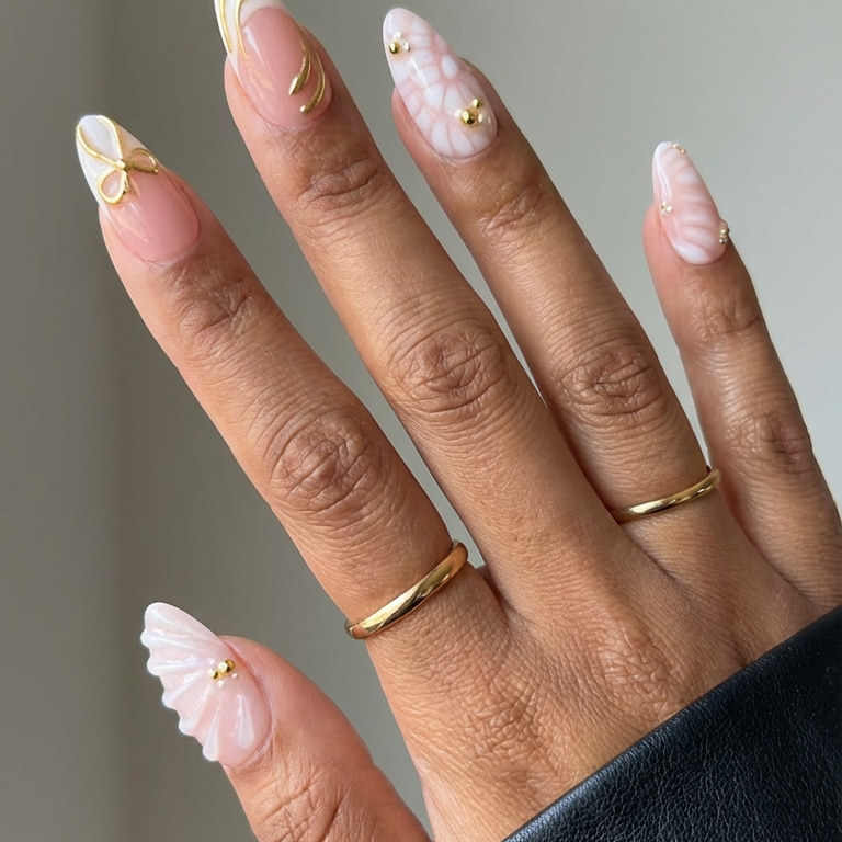 ellie vincy press on nails Golden White Short Almond Luxury Glue on Press on Nails Almond, Square Green Floral, French tip, Animal print, Geometric, EV025, Metallic