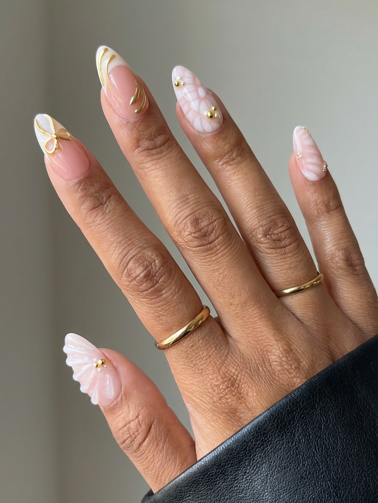 ellie vincy press on nails Golden White Short Almond Luxury Glue on Press on Nails Almond, Square Green Floral, French tip, Animal print, Geometric, EV025, Metallic