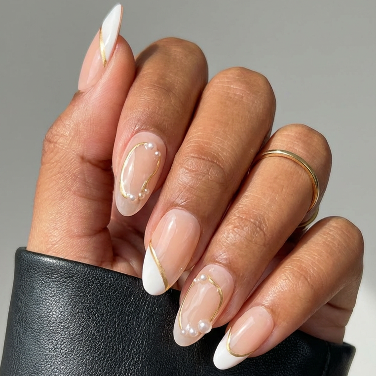 ellie vincy press on nails White Cream Almond Luxury Short Glue on Press on Nails Almond, Square Floral, Pink, Beige, Geometric Floral, French tip, Abstract, Geometric, Metallic