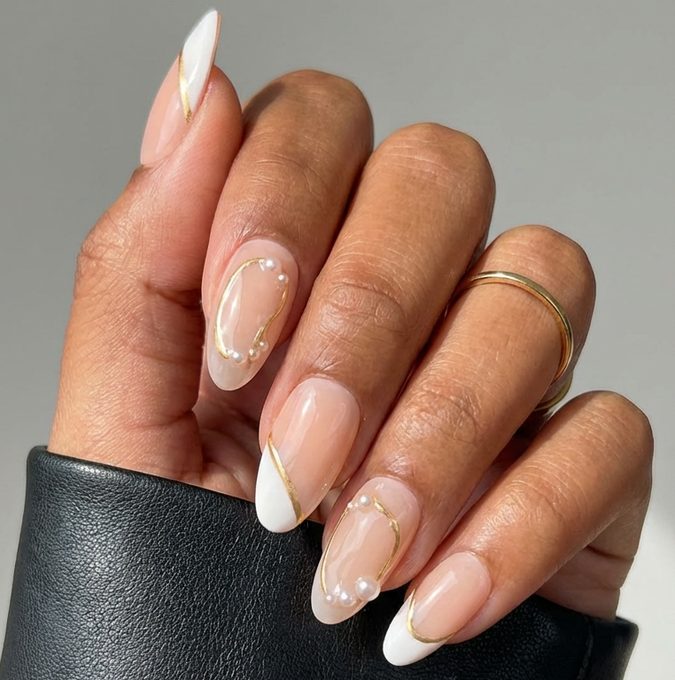 ellie vincy press on nails White Cream Almond Luxury Short Glue on Press on Nails Almond, Square Floral, Pink, Beige, Geometric Floral, French tip, Abstract, Geometric, Metallic