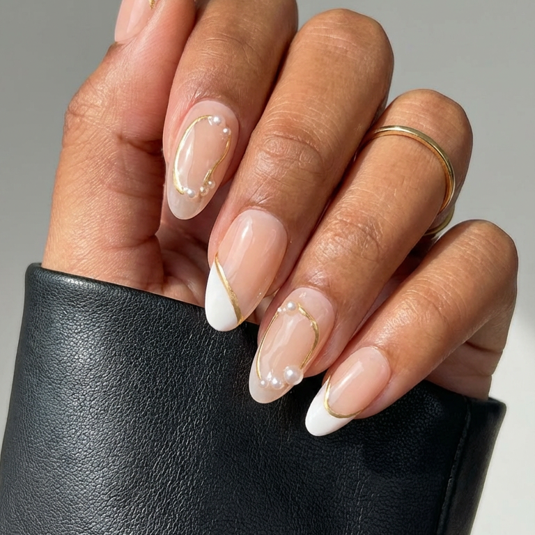 Ellie Vincy Press on Nails White Cream Almond Luxury Short Glue on Press on Nails Almond, Square Floral, Pink, Beige, Geometric Floral, French tip, Abstract, Geometric, Metallic