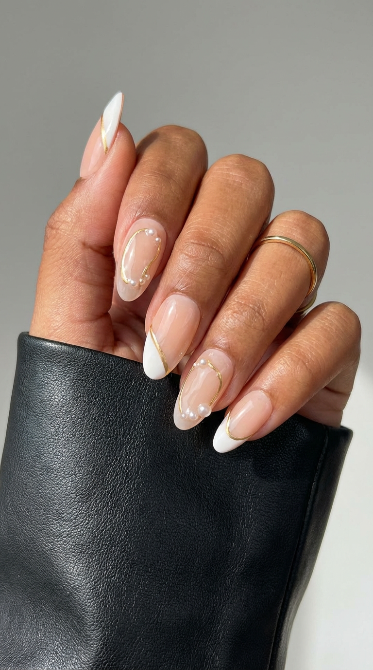 Ellie Vincy Press on Nails White Cream Almond Luxury Short Glue on Press on Nails Almond, Square Floral, Pink, Beige, Geometric Floral, French tip, Abstract, Geometric, Metallic