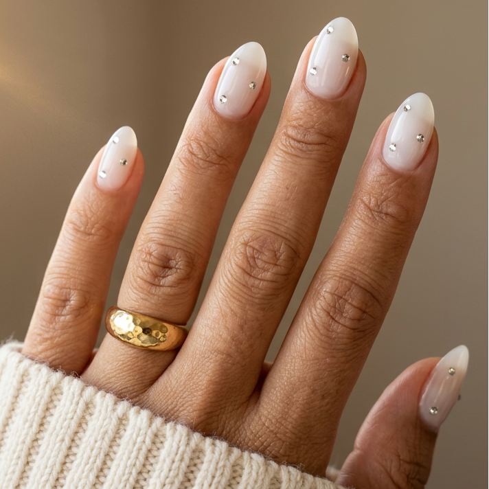 Hand with beige nail polish and a gold ring on a neutral background