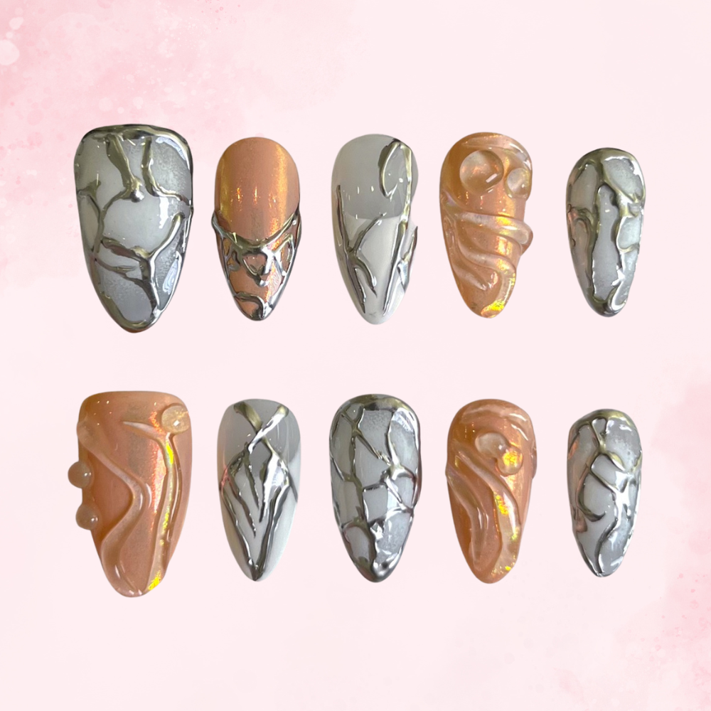 Chrome Swirl | Handmade Nails,Ellie Vincy Press on Nails,Short Almond,Glitter, Chrome,Handmade Orange, Gray, Silver press on nails,10 pcs, false nails,reusable,glue on nails