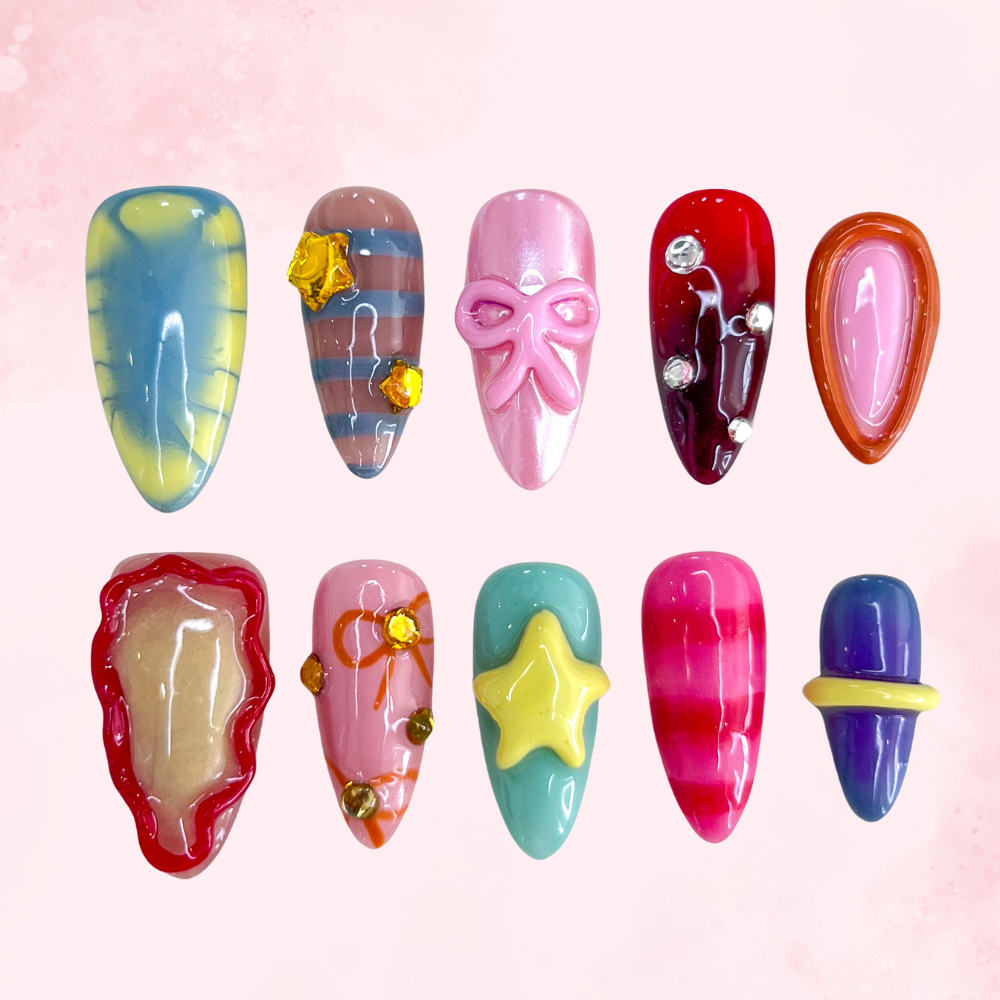 Bow star | Handmade Nails,Ellie Vincy Press on Nails,Long, Medium Almond,Glitter, Solid color, Floral,Handmade Multicolor, Pink, Green, Red, Floral press on nails,10 pcs, false nails,reusable,glue on nails