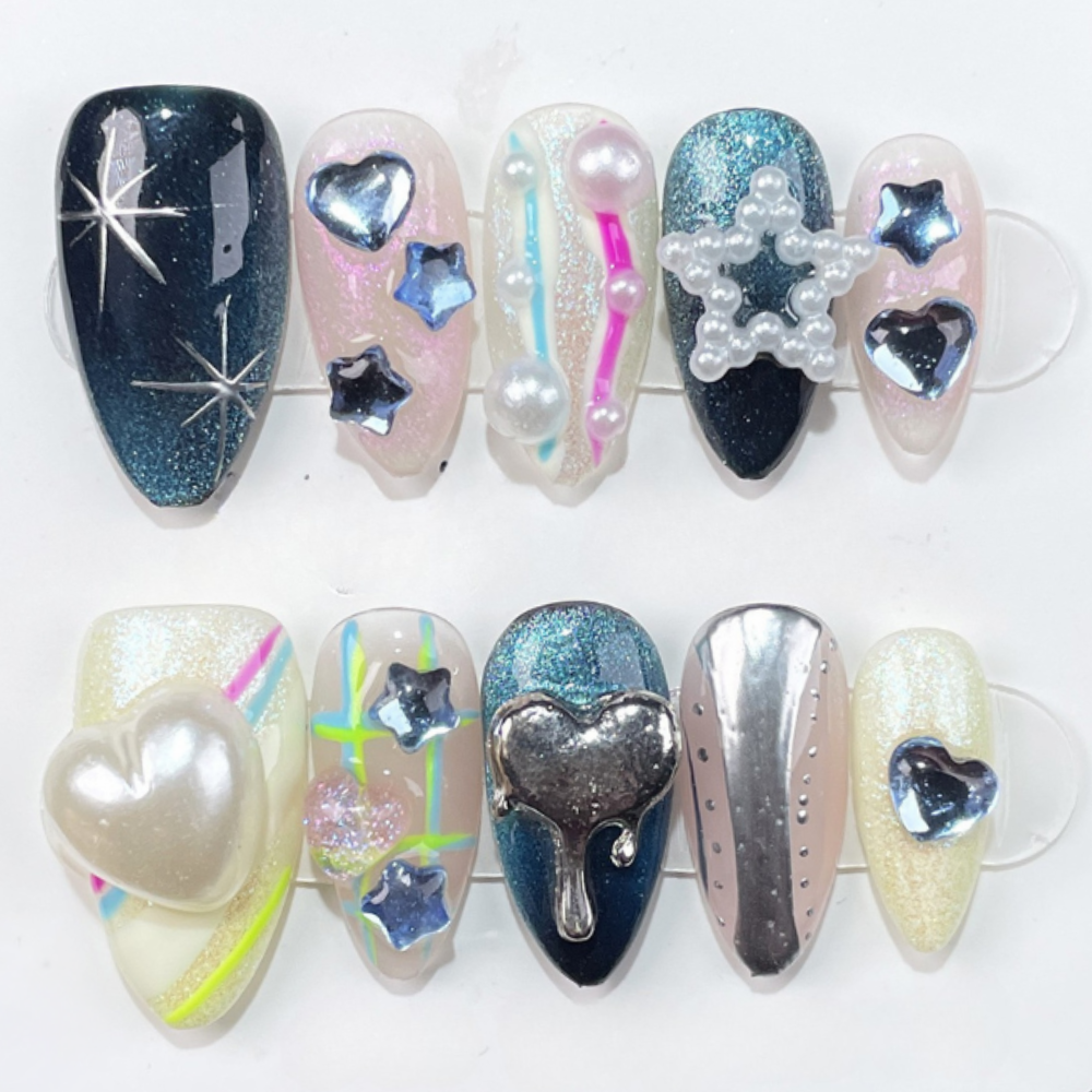 Cosmic Heart Glow | Handmade Nails,Ellie Vincy Press on Nails,Short Almond,Cute, Glitter, Metallic,Handmade Blue, Silver, White press on nails,10 pcs, false nails,reusable,glue on nails
