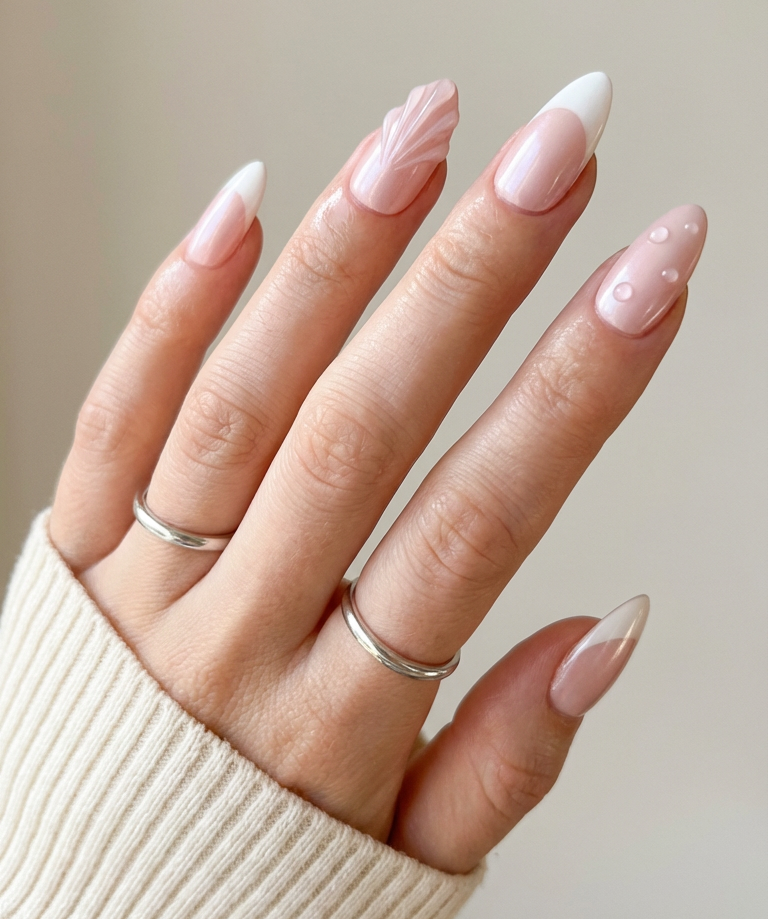 ellie vincy press on nails Pearl Drop French Almond Pink, White, Floral Cute, Floral, French tip