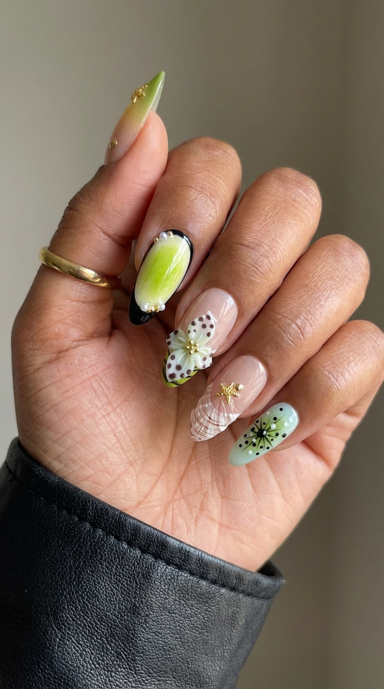Ellie Vincy Press on Nails Pearl Green Leaf | Handmade Nails Almond Green Floral