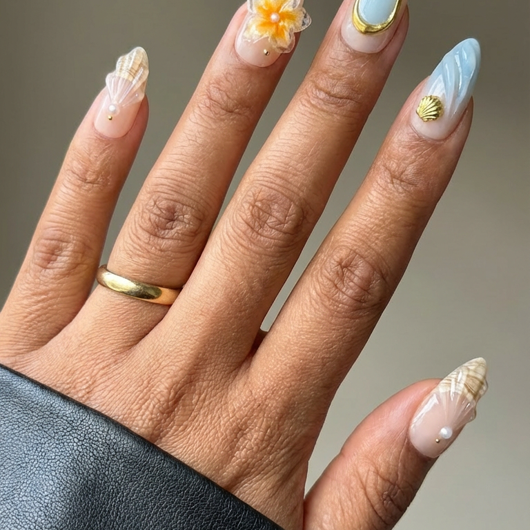 Ellie Vincy Press on Nails Coastal Shell Almond Luxury Short Glue on Press on Nails Almond, Square Floral, Pink, Beige, Geometric Floral, French tip, Abstract, Geometric, Metallic