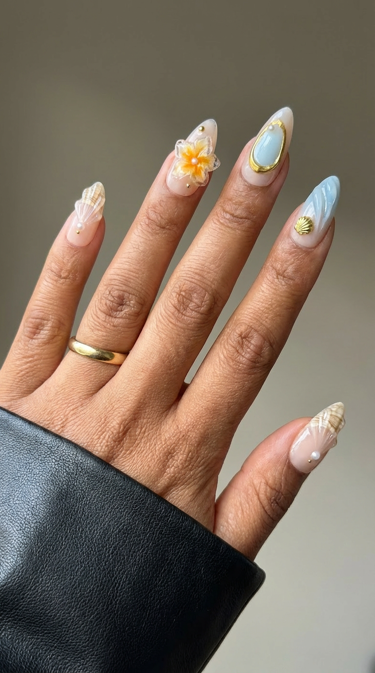 Ellie Vincy Press on Nails Coastal Shell Almond Luxury Short Glue on Press on Nails Almond, Square Floral, Pink, Beige, Geometric Floral, French tip, Abstract, Geometric, Metallic