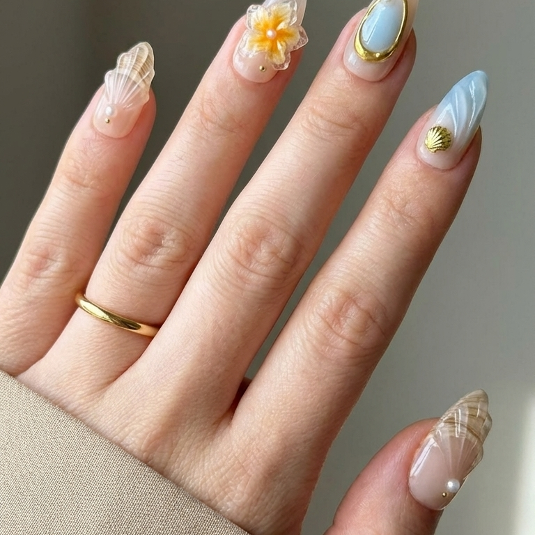 Ellie Vincy Press on Nails Coastal Shell Almond Luxury Short Glue on Press on Nails Almond, Square Floral, Pink, Beige, Geometric Floral, French tip, Abstract, Geometric, Metallic