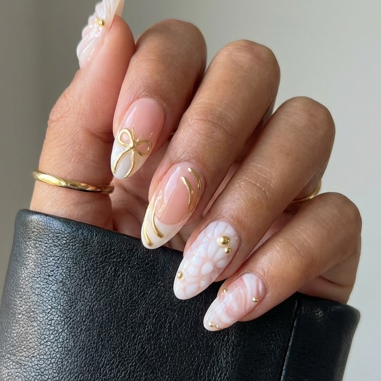 Ellie Vincy Press on Nails Golden White Short Almond Luxury Glue on Press on Nails Almond, Square Green Floral, French tip, Animal print, Geometric, EV025, Metallic