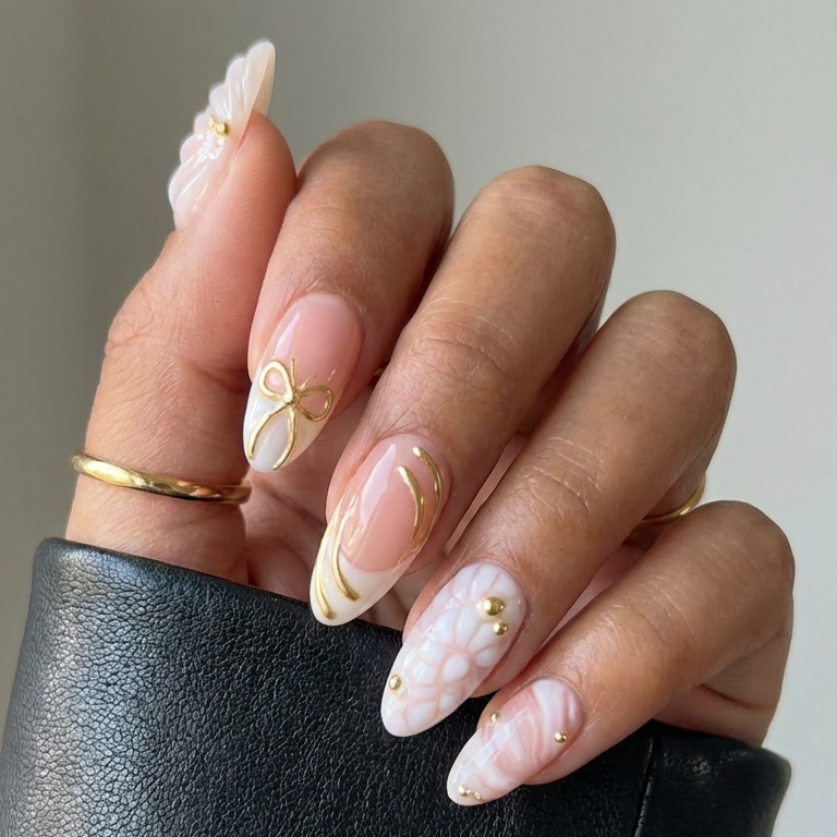 ellie vincy press on nails Golden White Short Almond Luxury Glue on Press on Nails Almond, Square Green Floral, French tip, Animal print, Geometric, EV025, Metallic