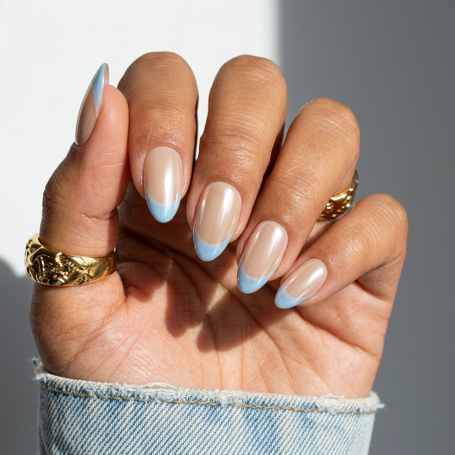 Hand with beige and blue nail polish wearing gold rings on a neutral background