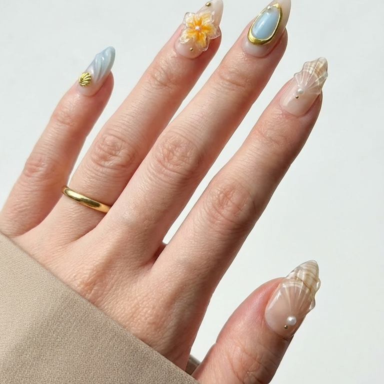 Ellie Vincy Press on Nails Coastal Shell Almond Luxury Short Glue on Press on Nails Almond, Square Floral, Pink, Beige, Geometric Floral, French tip, Abstract, Geometric, Metallic