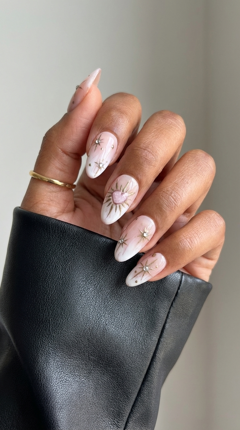 ellie vincy press on nails  Starlit Heart Bloom | Handmade Nails Almond  White, Gold  Iridescent, Metallic, Solid color