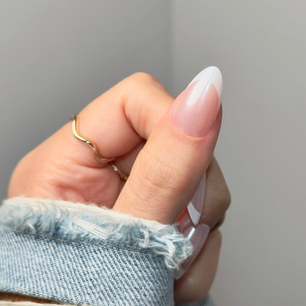 nude white nails, white french tip, french tip glaze, chrome nails, white chrome nails, classic white french tip, french tip almond nails