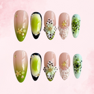 Pearl Green Leaf | Handmade Nails,Ellie Vincy Press on Nails,Long, Medium  Almond,Floral,Handmade White, Green press on nails,10 pcs, false nails,reusable,glue on nails
