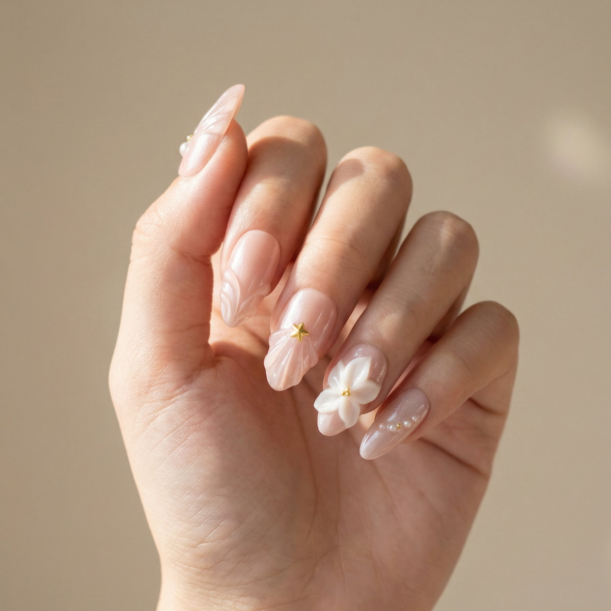Hand with delicate nail art on a neutral background