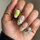 ellie vincy press on nails  Pearl Green Leaf | Handmade Nails Almond  Green  Floral