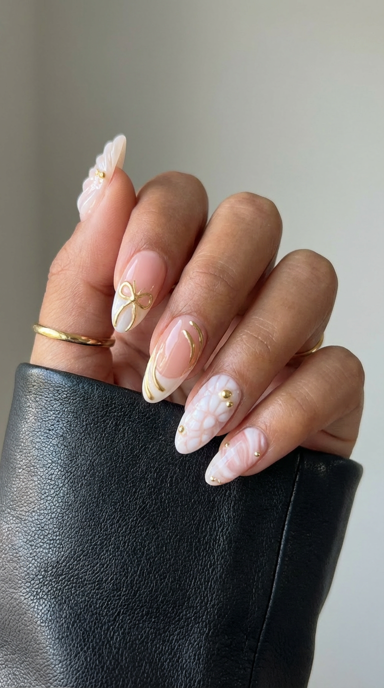 Ellie Vincy Press on Nails  Golden White  Short Almond Luxury Glue on Press on Nails Almond, Square  Green  Floral, French tip, Animal print, Geometric, EV025, Metallic