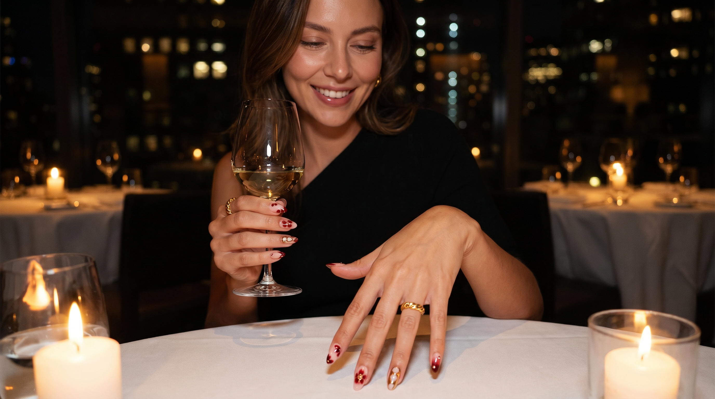 Woman holding a glass of wine at a candlelit dinner table.