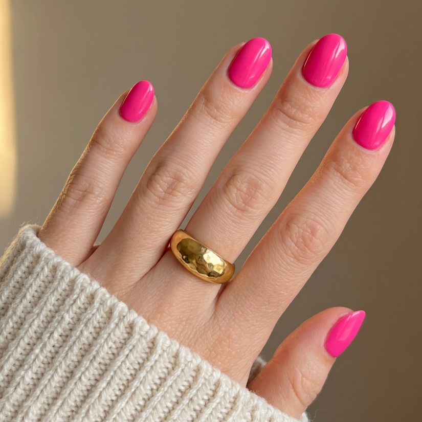 Hand with pink nails and a gold ring against a neutral background