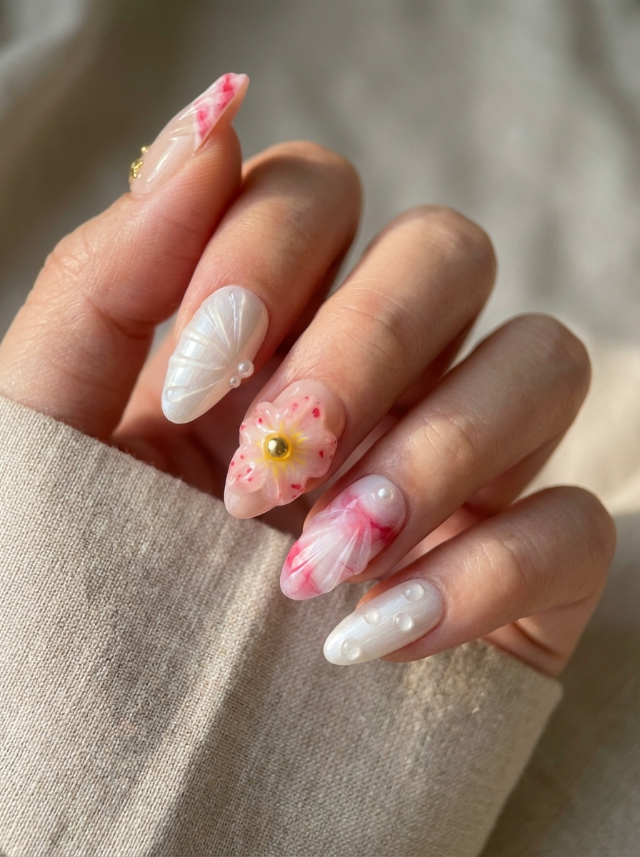 Hand with pink and white floral nail art on a neutral background